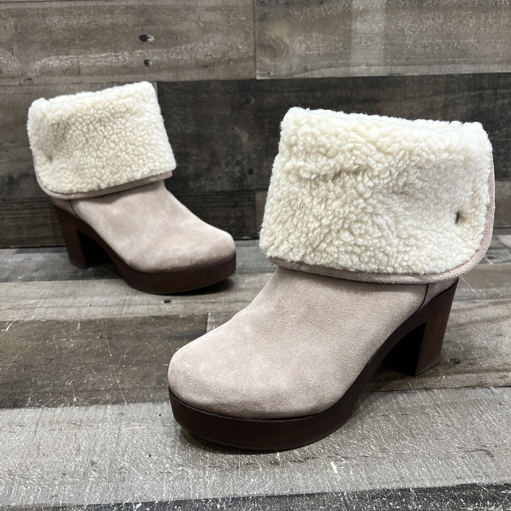Eric Michael Womens Faux Fur Fold Over Brown Suede Wood Heel Boots Size 39